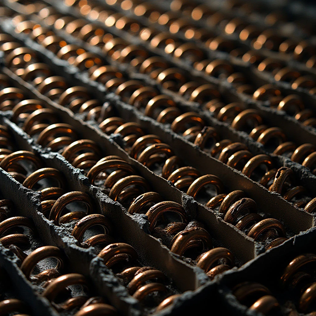 The image is dominated by repeating rows of small, coiled metallic objects housed within a dark, textured framework. Warm bronze and copper tones characterize the coils, contrasting with the rough, matte black surface surrounding them. Strong directional light creates highlights on the curves of the coils and deep shadows within the recesses of the structure, emphasizing depth and a sense of linear perspective receding into the background.