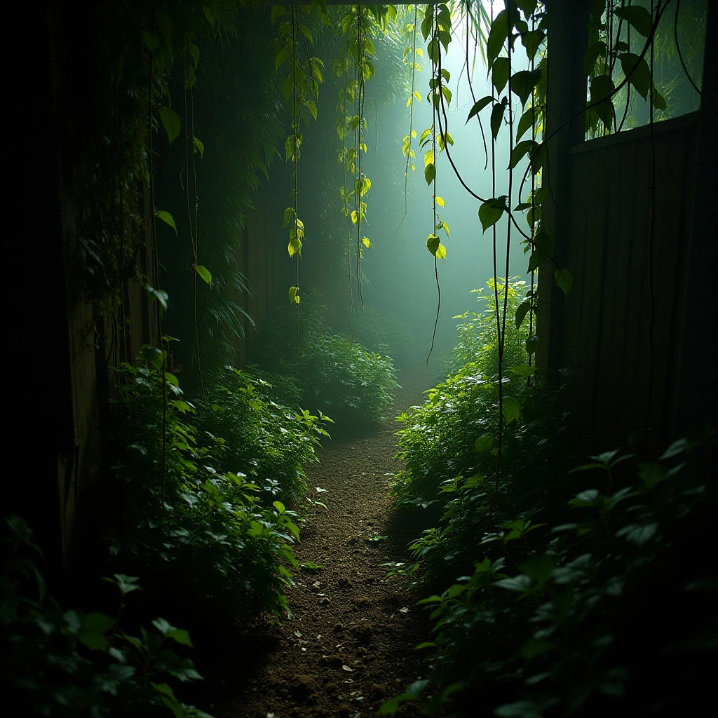 A narrow dirt path winds through dense, lush vegetation, disappearing into a misty distance. Sunlight filters down from above, illuminating patches of bright green foliage and long hanging vines. The surrounding trees and plants create an enclosed, shadowy space, hinting at a secluded and overgrown area.