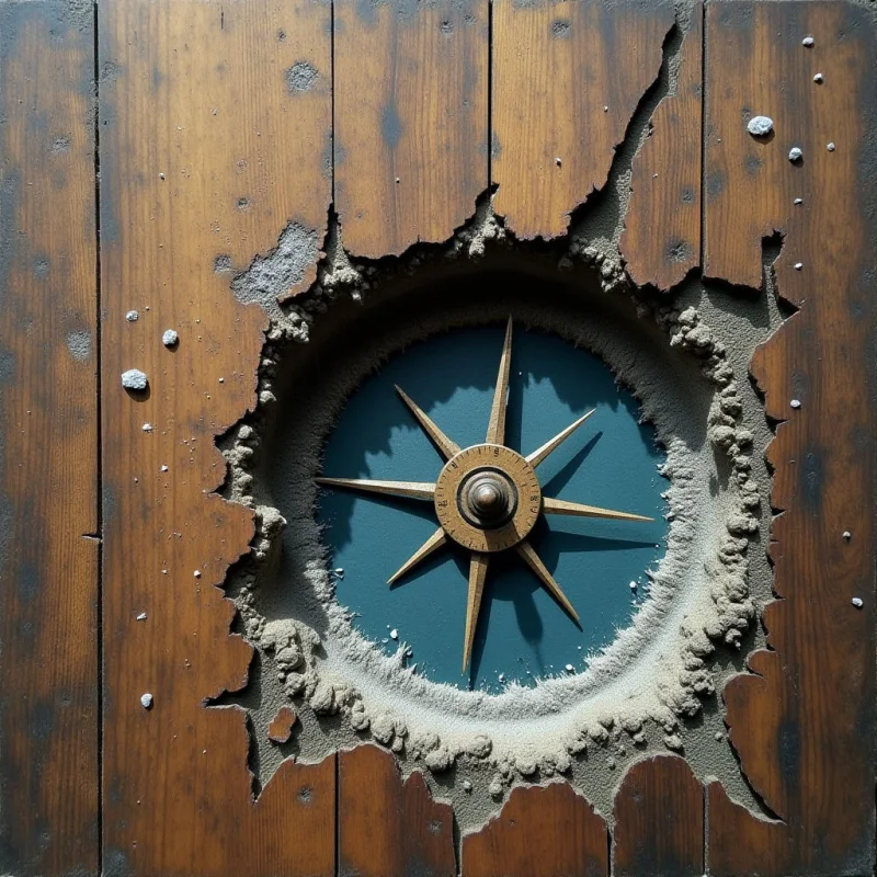 A central, multi-pointed golden star is set within a circular teal void, revealed through a jagged, irregular hole in vertical brown wooden planks. The rough, granular texture of the torn wood edges contrasts with the smooth, metallic surface of the star and the matte background. Light casts soft shadows within the crevices of the splintered wood and behind the geometric rays of the star.
