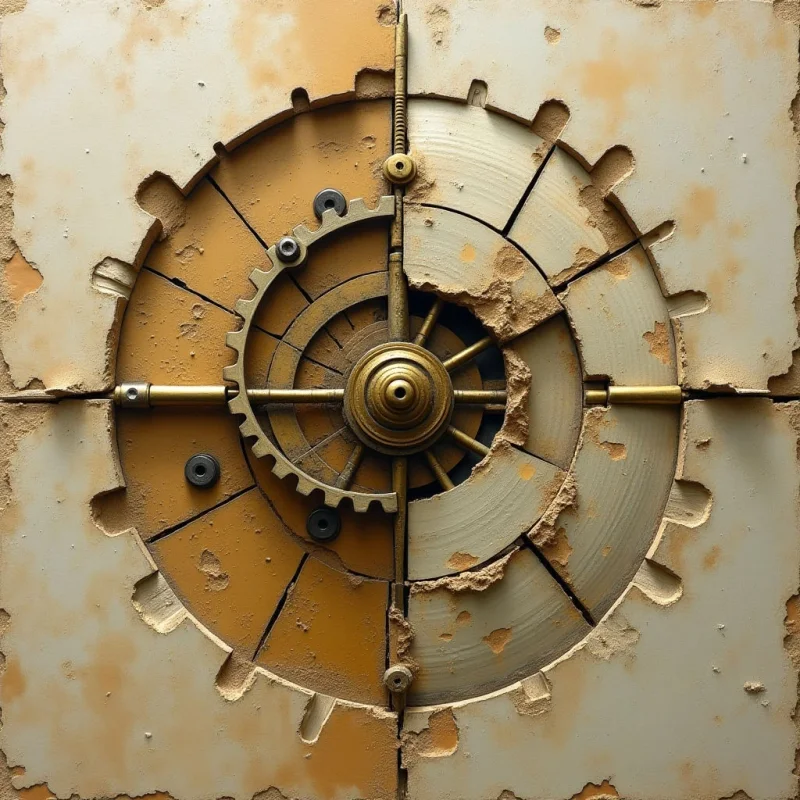 A central circular gear mechanism is composed of metallic gold and tan tones set against a weathered, cream-colored background. The composition features radial symmetry with jagged, broken edges and rough, crumbling textures that contrast with the smooth, hard surfaces of the metal rods and gears. Light appears even across the surface, highlighting the layered spatial relationship between the protruding mechanical parts and the recessed, cracked circular frame.