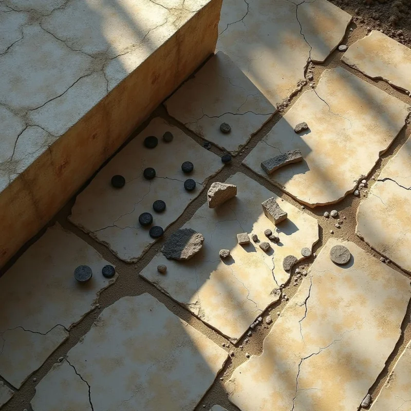 Irregularly shaped, tan stone tiles with cracked surfaces are scattered across a ground plane, interspersed with small, dark circular objects and jagged gray fragments. Strong directional light casts long, diagonal shadows from an elevated structure onto the textured, sandy-colored pavement. The composition is defined by the interplay of geometric tile edges and organic cracks against a palette of beige, sand, and charcoal tones.