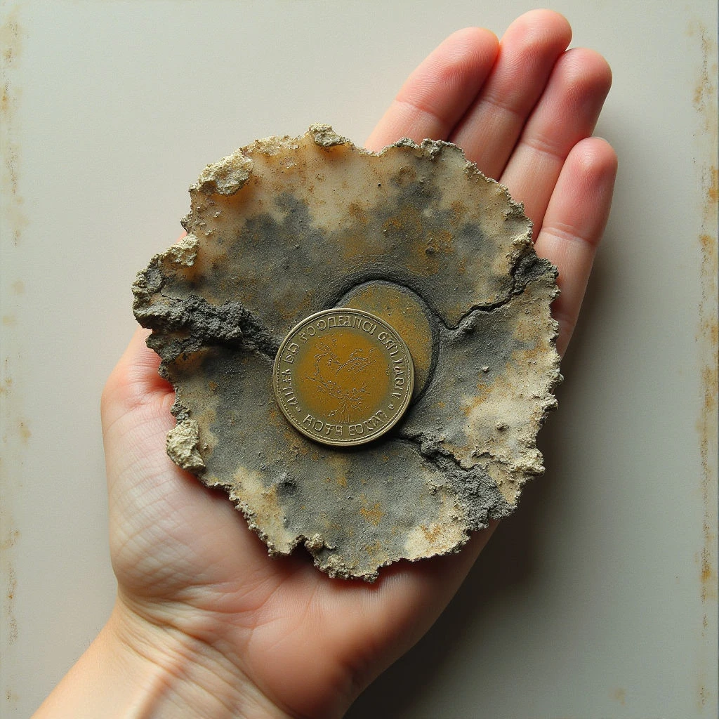 The image features a hand holding a roughly circular object with a central coin embedded within it. The object displays varied earth tones – grays, browns, and ochres – alongside a textured surface that appears granular and eroded around the edges, contrasting with the smooth metallic sheen of the coin. Soft, diffused light illuminates the scene, casting subtle shadows and highlighting the spatial relationship between the hand, the object, and the plain background.
