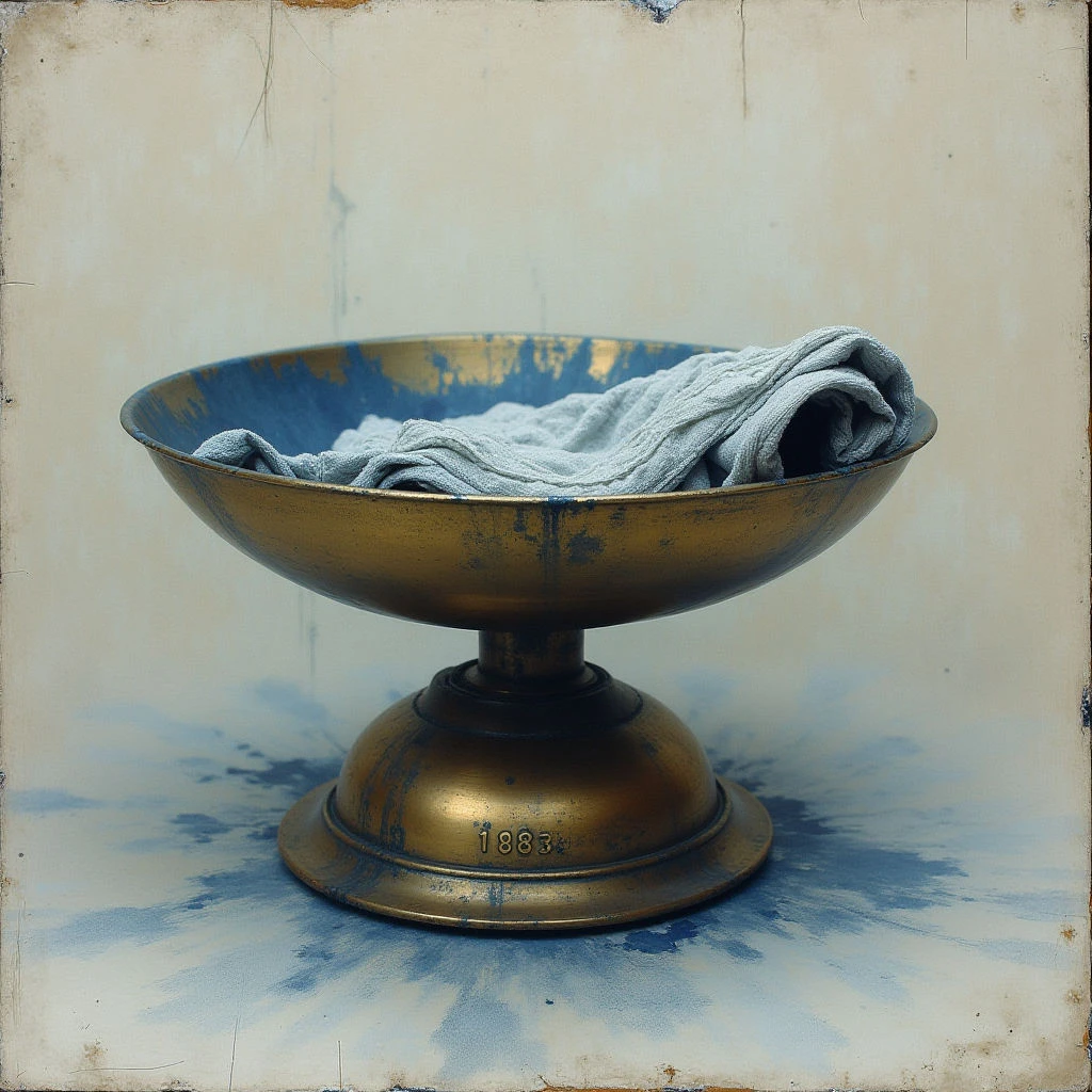 The image features a brass scale with a weathered patina, holding a bundle of gray fabric. The background is an off-white surface with visible brushstrokes and areas of faded blue paint that create soft, irregular shapes around the base of the scale. Light appears diffused, casting gentle shadows and highlighting the textures of both the metal and cloth; the scale’s form dominates the central space while the fabric rests within its bowl.