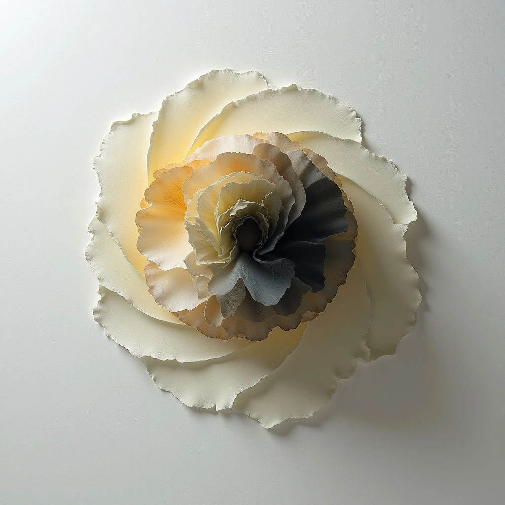 A large, spiraling flower is centered against a stark white background. The petals transition from creamy whites at the outer edges to shades of peach, gray, and charcoal as they move toward the core. The texture appears soft and layered, suggesting it’s made of delicate material like paper or fabric.