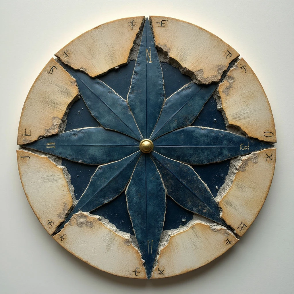 The image features a circular object with a central dark blue, eight-pointed star shape surrounded by lighter beige segments. The beige sections appear textured and fragmented around the edges, while thin black markings are visible across their surfaces. Soft, diffused light illuminates the composition evenly, casting minimal shadows and highlighting the contrast between the smooth star and rougher surrounding pieces.