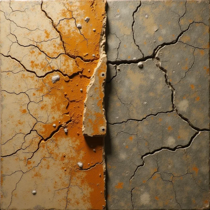 A split composition features two contrasting surfaces of cracked, weathered material in shades of ochre and muted grey. Deep, irregular fissures traverse both sides, creating a network of dark, jagged lines across the textured, granular planes. The vertical division separates a warm-toned section from a cool-toned one, with subtle shadows emphasizing the uneven depth of the cracks.