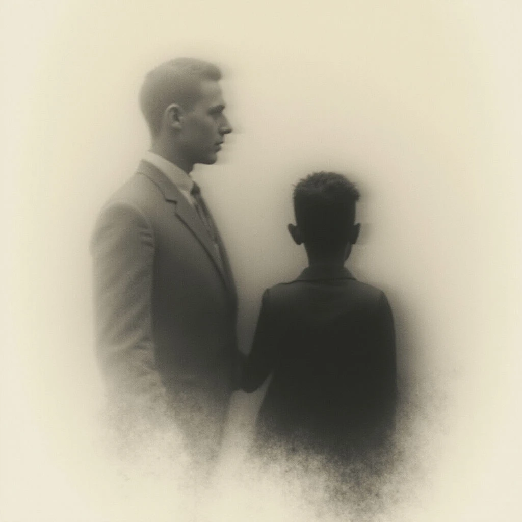 Two figures, both wearing dark suits, stand facing each other with a palpable distance between them. The image is soft and blurred, giving it an ethereal quality as if they are fading from view or existing in a dreamlike state. A grainy texture surrounds the subjects, further emphasizing their isolation and indistinct forms.