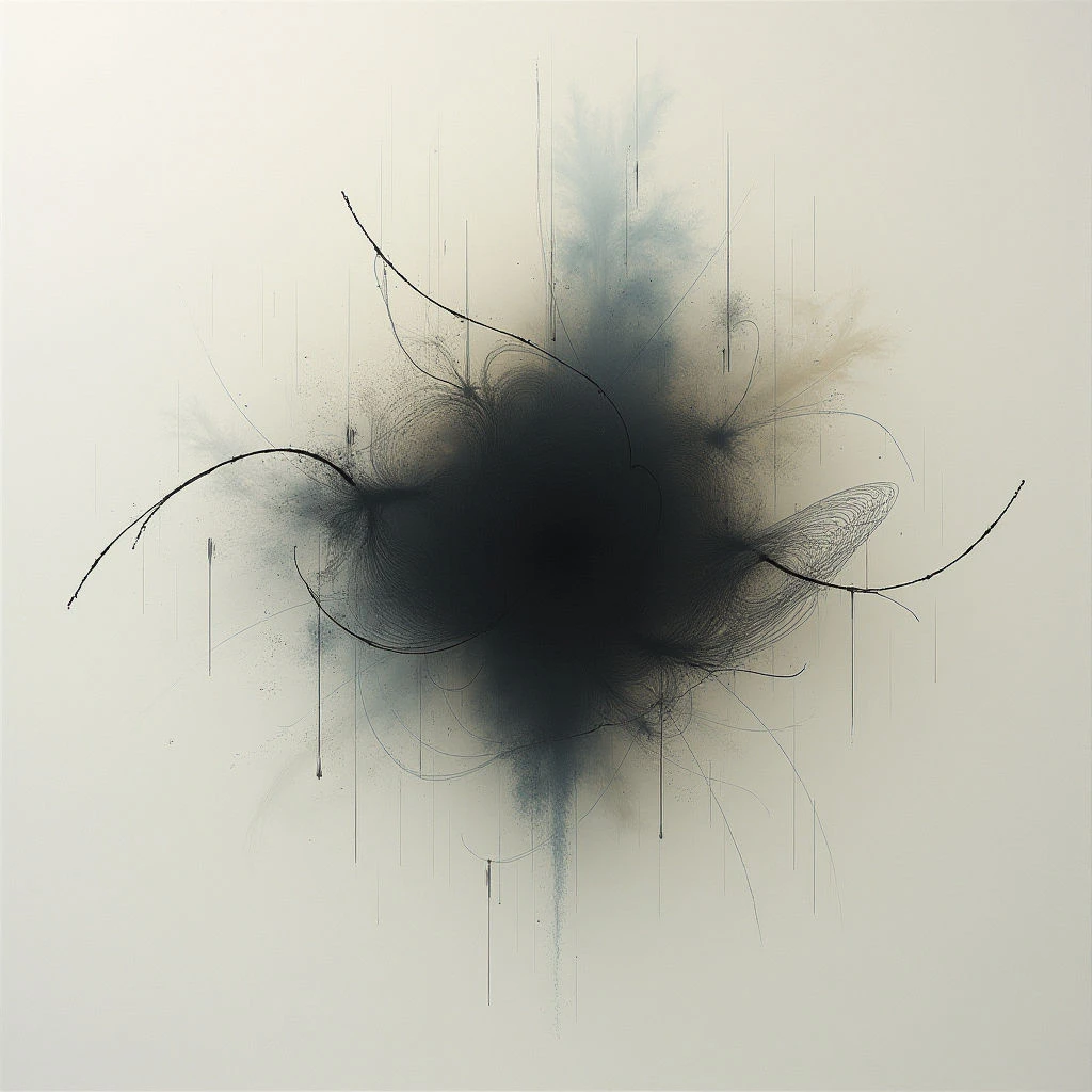 A dark, amorphous shape dominates the center of a pale background, appearing to explode outwards with wispy lines and splatters. Thin, delicate strokes radiate from the central mass, creating a sense of movement and energy. The overall effect is abstract and evokes a feeling of both chaos and fragility.
