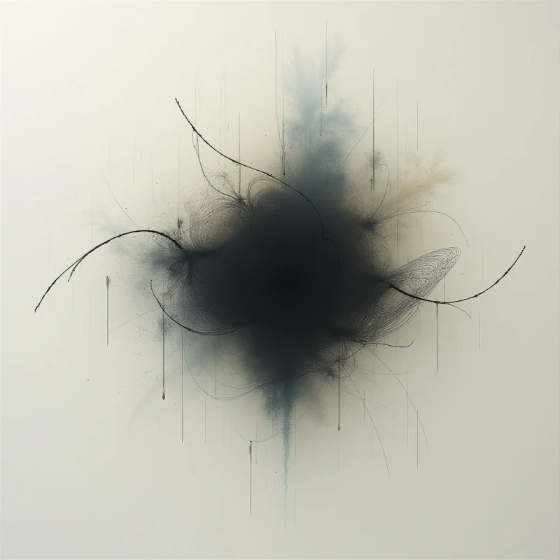 A dark, amorphous shape dominates the center of a pale background, appearing to explode outwards with wispy lines and splatters. Thin, delicate strokes radiate from the central mass, creating a sense of movement and energy. The overall effect is abstract and evokes a feeling of both chaos and fragility.