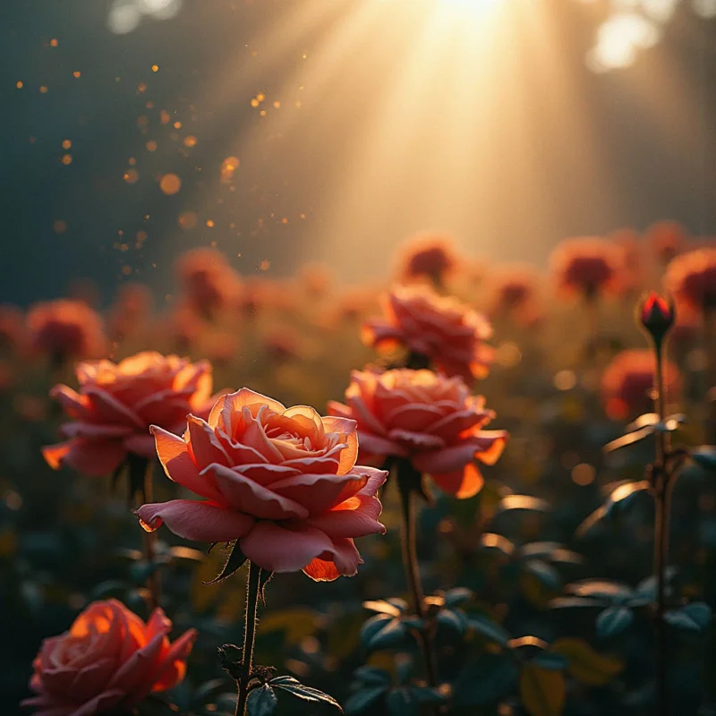 The image features a dense field of roses in shades of peach and coral, with darker foliage visible between them. Warm golden light streams diagonally from the upper right, creating highlights on the petals and a soft glow throughout the scene. Shapes are largely organic – rounded rose blooms contrasted by slender stems – and depth is suggested through blurred forms receding into the background.