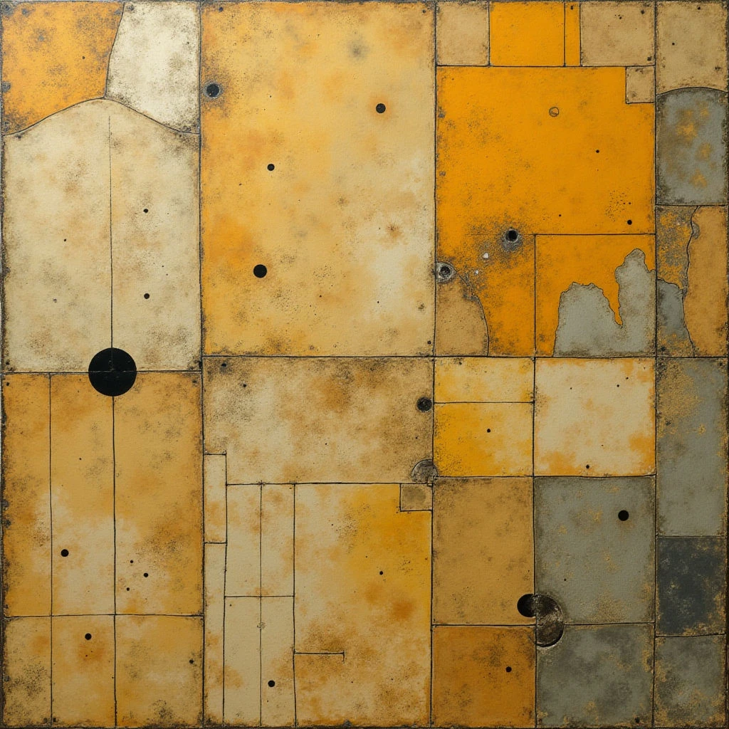 The image is composed of a grid of rectangular shapes in varying shades of ochre, gold, and muted gray. Textures appear subtly uneven across the rectangles, with some areas showing darker speckling or staining while others have smoother surfaces. A dark circular form is positioned near the left side, contrasting with lighter tones, and thin lines intersect across the grid, creating a network within the spatial arrangement of the blocks.