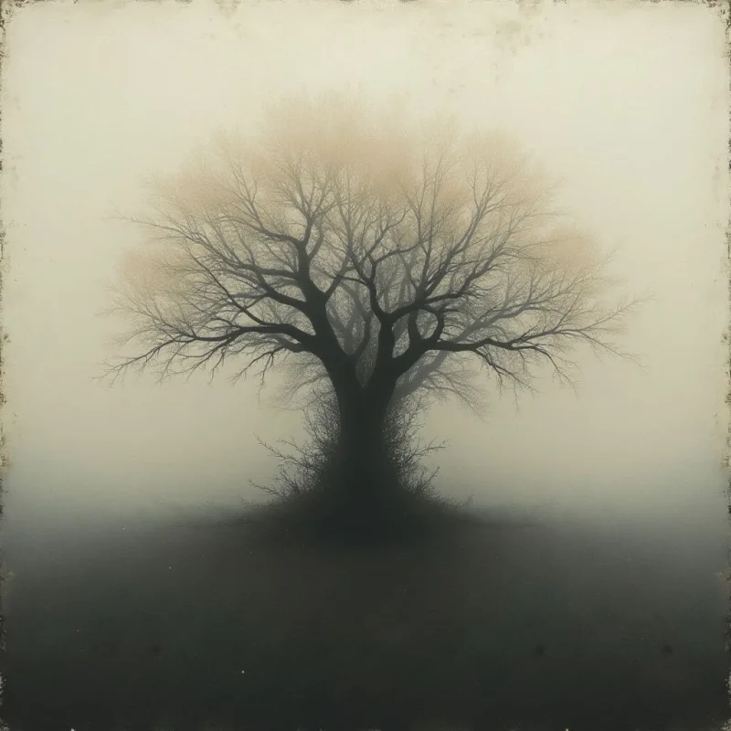 A solitary, bare tree stands starkly against a pale, hazy background. The tree's dark branches reach upwards like skeletal fingers, contrasting with the soft glow emanating from behind it. A shadowy patch of ground surrounds the base of the tree, dissolving into the mist.