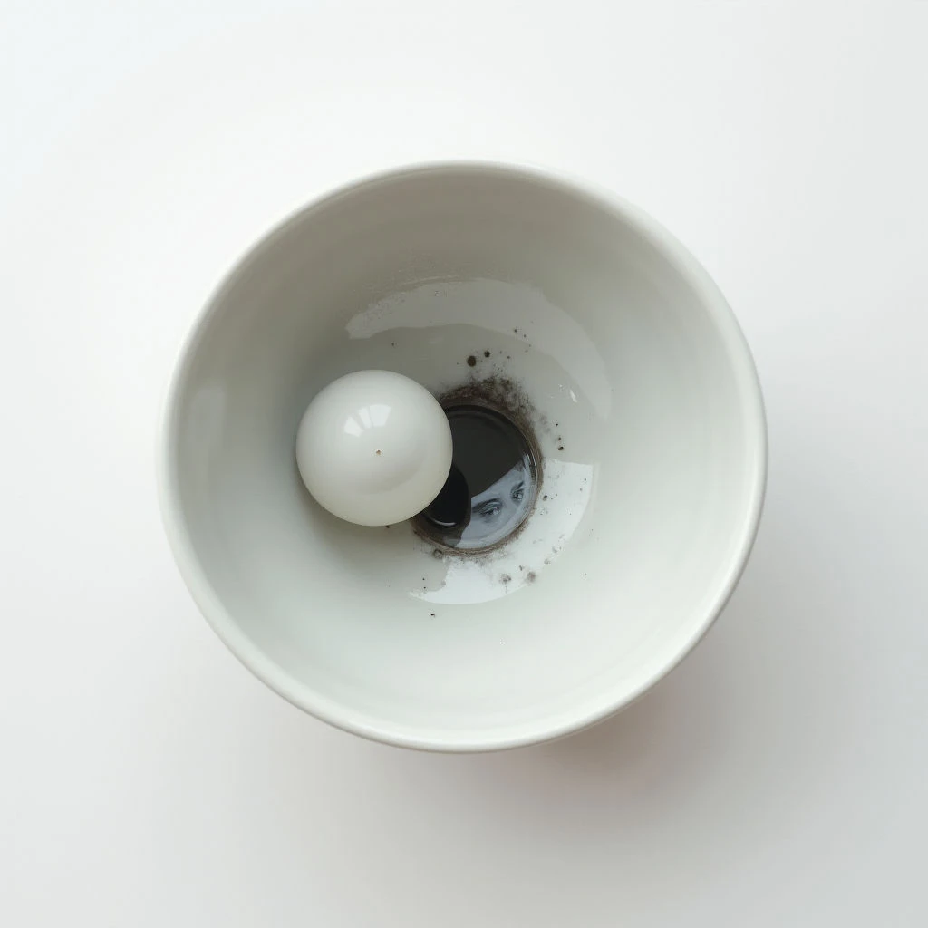 A single white egg rests within a shallow, glossy bowl. The bottom of the bowl is dark and contains a blurred image of an eye looking upwards. Small flecks are scattered around the dark center, contrasting with the otherwise clean white surfaces.