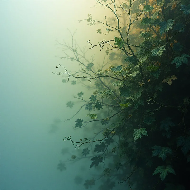 Lush green foliage drapes down from the right side of the frame, contrasting with a thick, pale fog that fills the rest of the view. Bare branches extend into the mist, creating a sense of depth and mystery in the hazy landscape. A soft golden light filters through the upper layers, barely illuminating the scene.
