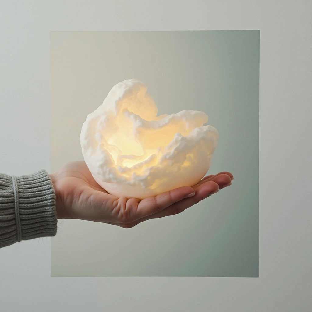 A hand gently cradles a luminous, cloud-shaped object that glows warmly from within. The sculpture’s textured surface resembles swirling forms, perhaps of waves or soft foliage. It's presented against a pale background, drawing focus to the delicate light and organic shape held in the palm.