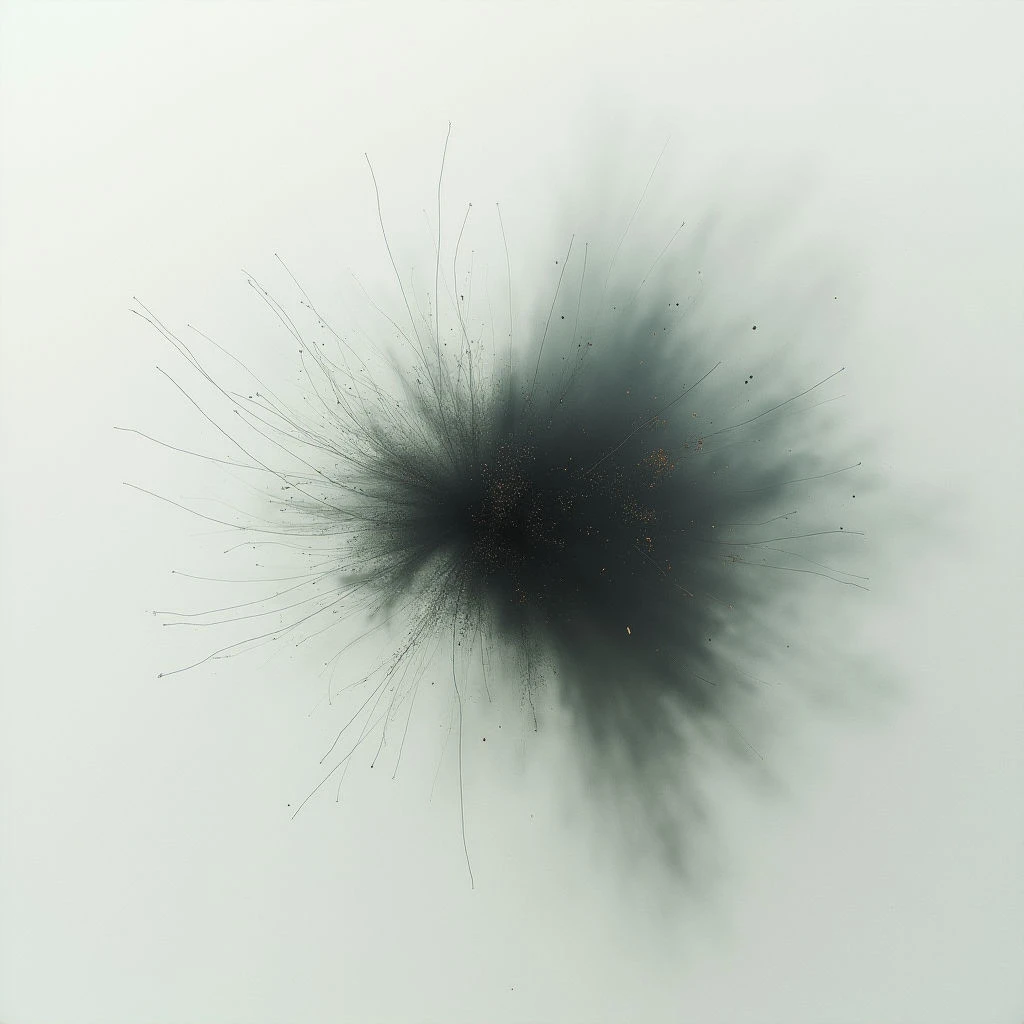 A dark, amorphous burst radiates outwards from a central point against a pale gray background. Thin, spidery lines extend from the core of the shape, contrasting with its fuzzy, cloud-like edges. Flecks of gold are scattered within the darker mass, adding subtle texture and highlights to the overall form.