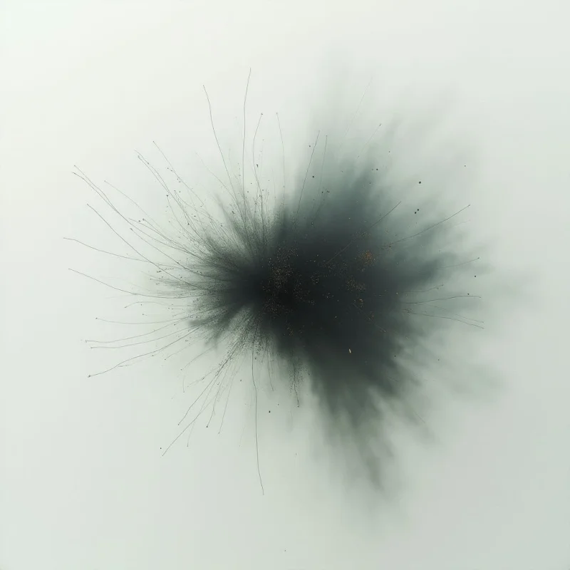 A dark, amorphous burst radiates outwards from a central point against a pale gray background. Thin, spidery lines extend from the core of the shape, contrasting with its fuzzy, cloud-like edges. Flecks of gold are scattered within the darker mass, adding subtle texture and highlights to the overall form.