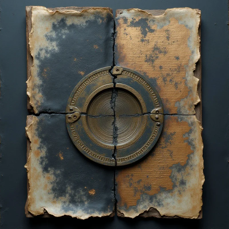 A dark, textured surface is divided into four rectangular quadrants by a central cross, with two sides appearing as weathered, golden-brown parchment and the others as matte charcoal. A heavy, circular bronze ring with concentric ridges and etched patterns sits at the intersection of these quadrants, overlapping the center. The lighting is soft and directional, casting subtle shadows that emphasize the rugged, torn edges of the panels and the metallic relief of the central disc.
