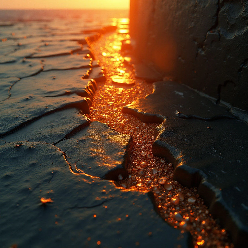 The image features a close view of dark, textured surfaces—likely wet sand or rock—with a narrow channel filled with bright orange reflections. Warm light strongly illuminates the central channel and highlights small droplets scattered throughout, contrasting with the cooler tones of the surrounding areas. The composition emphasizes linear shapes created by the channel’s path receding into the distance, suggesting depth within a shallow space.