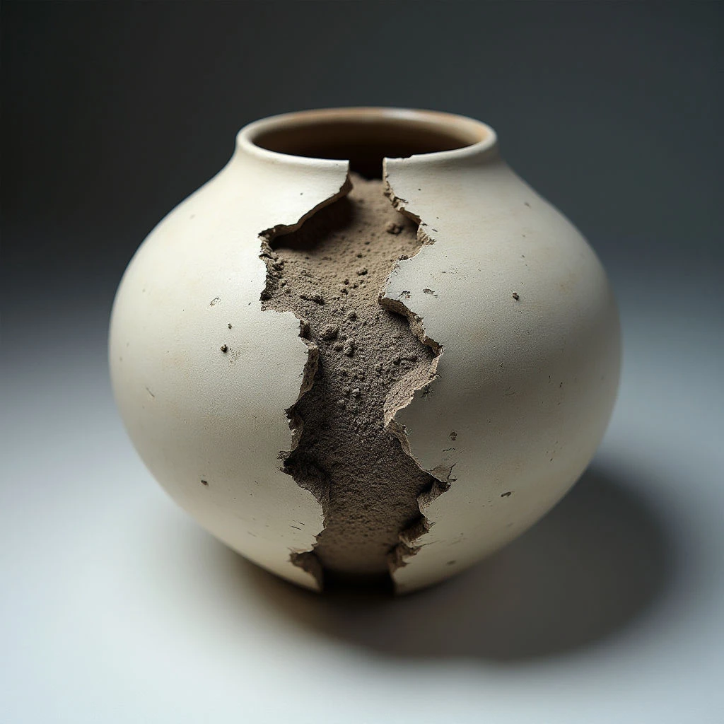 The image features a spherical form with a large irregular opening revealing rough, granular material within. Colors are primarily muted beige and brown tones, contrasting the smooth exterior surface with the textured interior void. Light falls unevenly across the object, creating highlights on the upper portion and shadows that emphasize the depth of the opening and its placement against a neutral gray background.