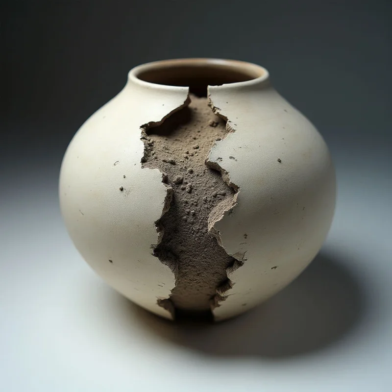 The image features a spherical form with a large irregular opening revealing rough, granular material within. Colors are primarily muted beige and brown tones, contrasting the smooth exterior surface with the textured interior void. Light falls unevenly across the object, creating highlights on the upper portion and shadows that emphasize the depth of the opening and its placement against a neutral gray background.