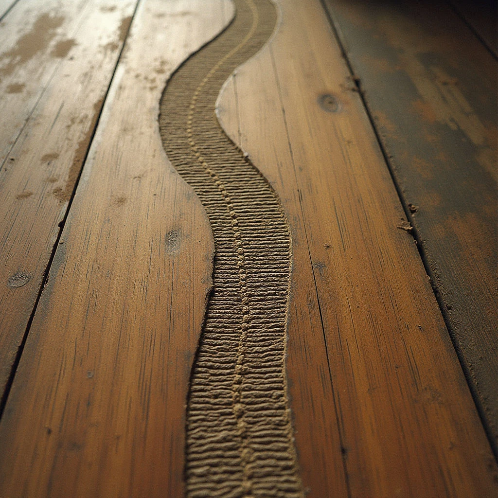 The image features a warm palette of browns and tans, dominated by polished wood planks with varying grain patterns. A sinuous line of textured sand cuts across the surface, contrasting sharply with the smooth wood; the sand appears granular and densely packed. Light falls unevenly across the scene, highlighting the gloss of the wood and creating shadows that emphasize the depth of the sand’s indentation within the planks.