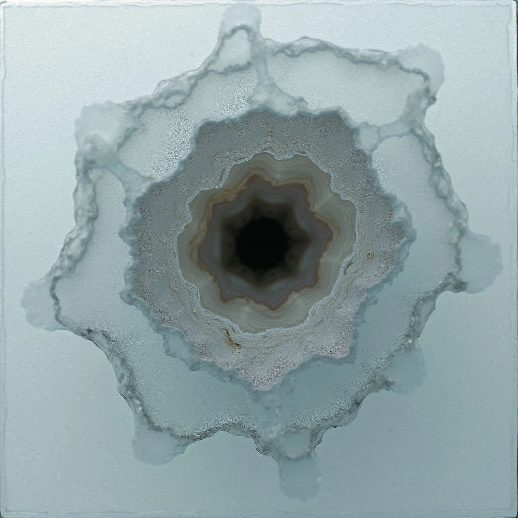 The image features a central, dark void surrounded by concentric layers of pale grey and beige tones that radiate outwards. These layers have irregular, jagged edges creating a textured, organic shape against a smooth, light blue background. Light appears diffused, with subtle variations in tone emphasizing the depth of the layered form and its relationship to the flat plane behind it.