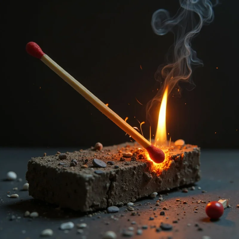A single lit match rests diagonally atop a textured, dark grey rectangular block, casting an orange glow and emitting a plume of white smoke against a black background. Small sparks and debris are scattered around the base of the flame and across the dark surface below. The composition is defined by sharp lines from the wooden stick and organic, swirling shapes within the rising smoke.