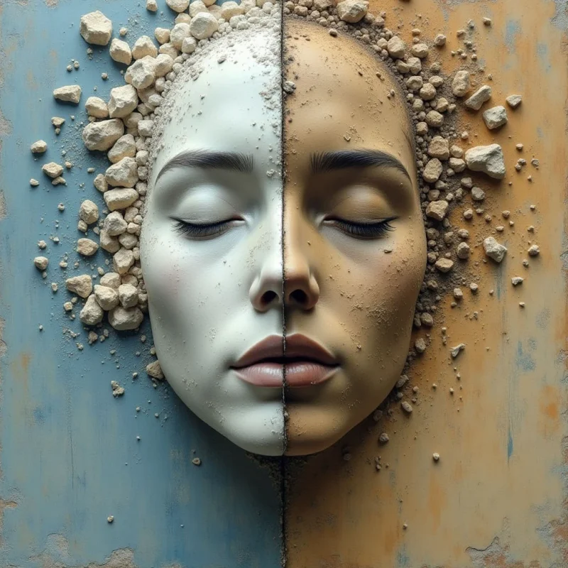 A split composition features a human face divided vertically between a pale, smooth white side and a warm, textured tan side. The background is similarly bisected into matte blue and ochre tones, with irregular, rocky granules scattered across both halves. Light falls evenly across the central figure, emphasizing the contrast between the porcelain-like skin and the coarse, granular debris.