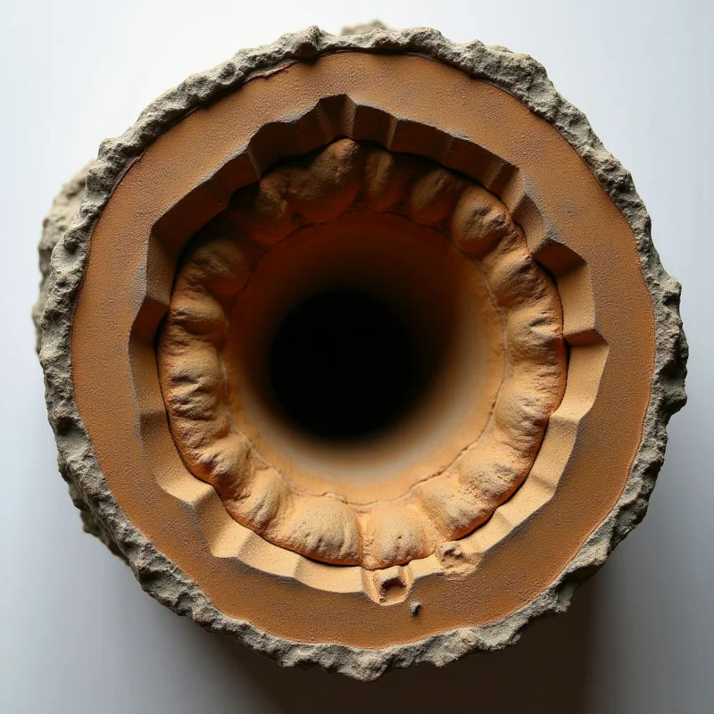 The image depicts a circular opening with concentric layers of textured orange and tan material. The outer layer appears rough and uneven, contrasting with the smoother, ridged interior surface that spirals inward toward a dark central void. Light sources illuminate the upper portions of both layers, creating shadows within the recesses and highlighting the depth of the form against a neutral background.