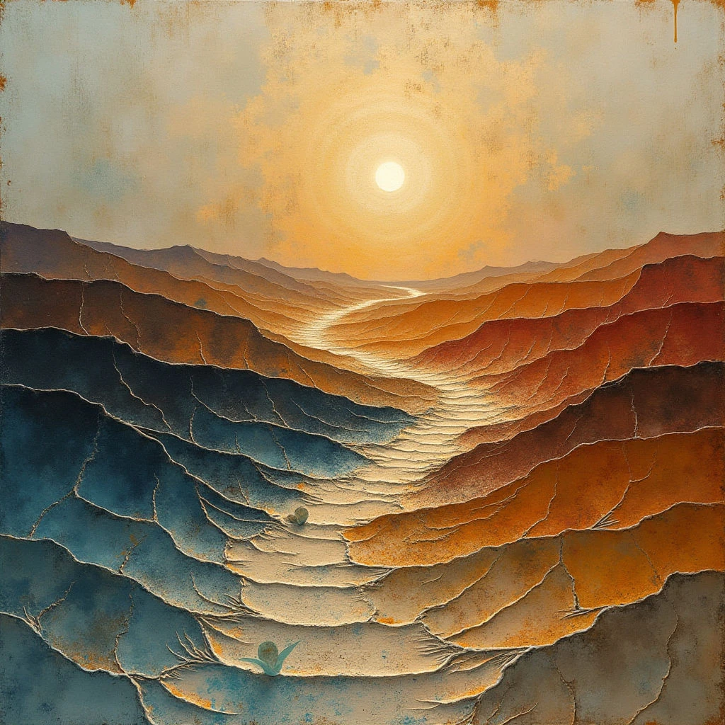 The image depicts a landscape dominated by layered formations in shades of blue, brown, and gold, converging towards a bright central sun. A winding river of light cuts through the textured layers, creating a sense of depth and leading the eye into the distance. Warm hues emanate from the sun, contrasting with cooler tones in the foreground and defining the spatial arrangement as receding planes.