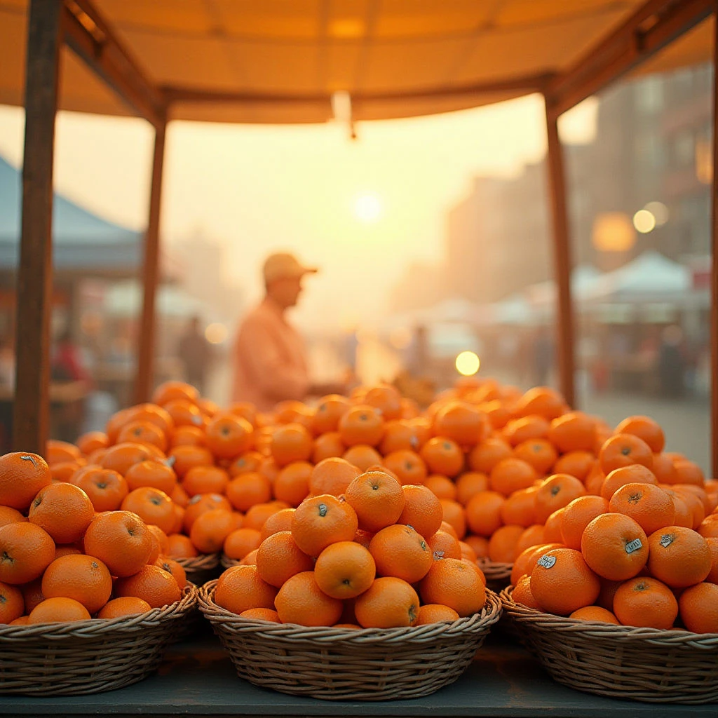 The image is dominated by warm orange tones from a large quantity of citrus fruit piled high and arranged in woven baskets. A blurred figure stands behind the display, receding into a hazy background illuminated by a bright, golden light source. The spatial arrangement features foregrounded baskets with fruit leading back to an indistinct open space with soft shapes and diffused textures.
