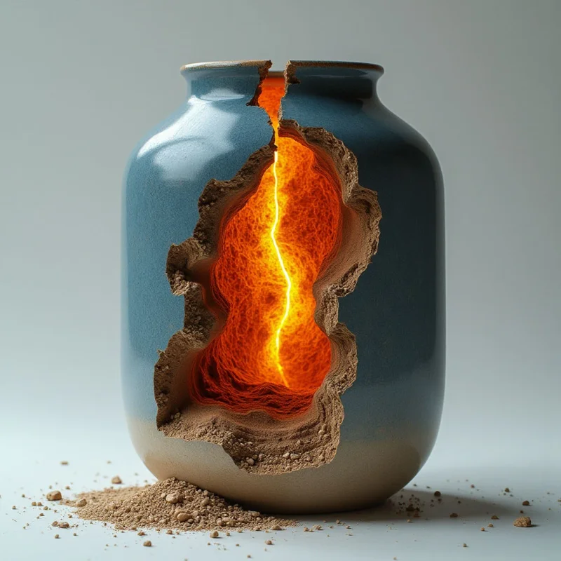 A smooth, blue ceramic vessel features a jagged, irregular opening that reveals a glowing orange interior with a rough, earthy texture. A bright line of golden light descends through the center of the hollow space, contrasting against the matte, sandy residue scattered at the base. The composition is centered against a neutral, pale background, creating a stark spatial separation between the dark vessel and its luminous core.