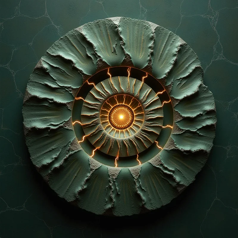 A circular, multi-layered relief features a central glowing orange core surrounded by concentric rings and radiating textured ridges in muted teal. Jagged, lightning-like lines of light trace the boundaries between the layers, creating sharp contrast against the matte, stone-like surface. The composition is centered on a dark teal background characterized by fine, web-like cracks.