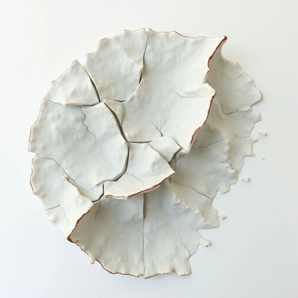 A shattered ceramic plate lies scattered against a stark white background. The pieces, once forming a delicate, fluted dish, are now fragmented with visible cracks tracing across their pale surface. Small shards remain near the larger fragments, completing the image of something broken and incomplete.