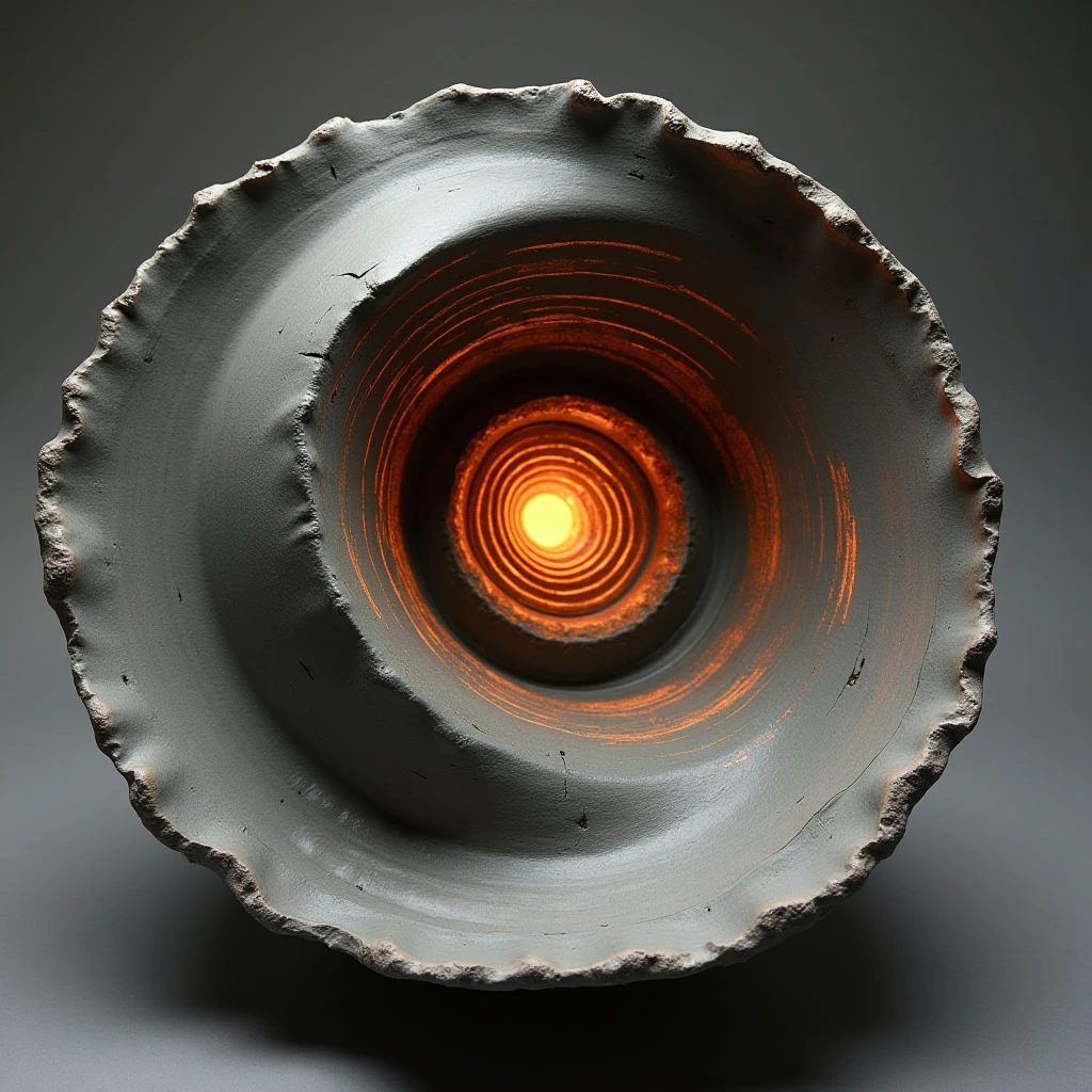 The image features a roughly circular form with a pale gray exterior and an interior composed of concentric rings radiating from a bright orange center. The outer edge is uneven and textured, appearing rough and slightly cracked, while the inner surface has smoother, defined lines. Light emanates strongly from the central point, diminishing in intensity as it moves outwards towards the edges, creating a sense of depth within the form.