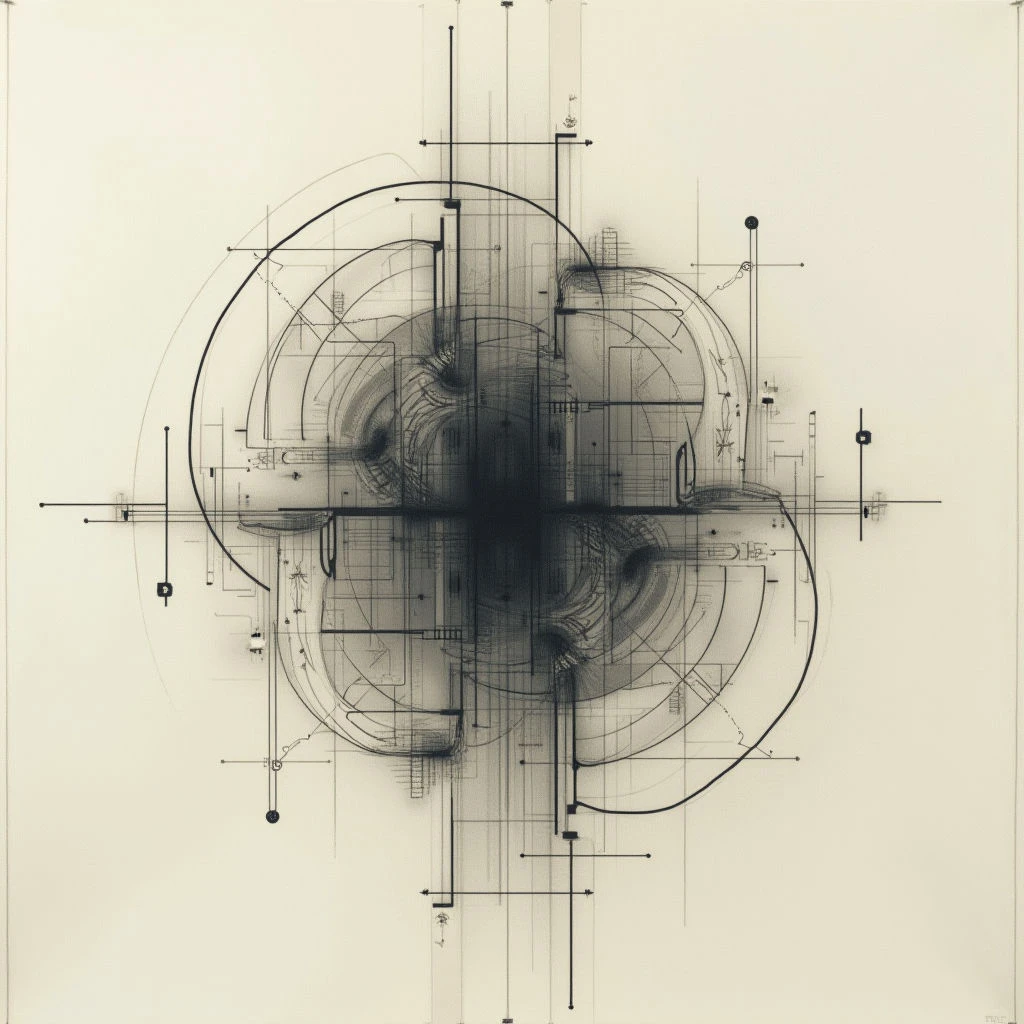 An intricate, dark geometric design dominates the center of a pale background. Concentric circles and intersecting lines form a complex structure resembling both machinery and architectural plans. Sparse dots and short line segments extend outwards from the central shape, suggesting measurements or connections within the larger composition.