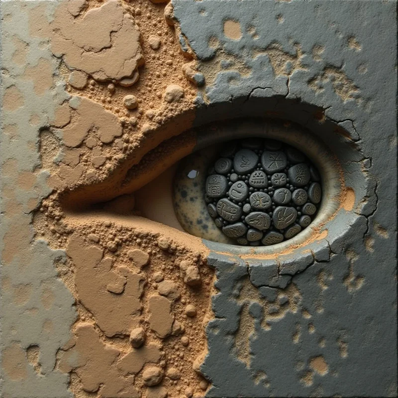 A large eye is embedded within a split surface of textured tan and dark gray stone. The iris consists of a cluster of small, rounded pebble-like shapes in shades of charcoal and light gray, while the surrounding material features rough, cracked, and granular surfaces. Light falls unevenly across the composition, highlighting the pitted textures and creating depth within the eye socket.