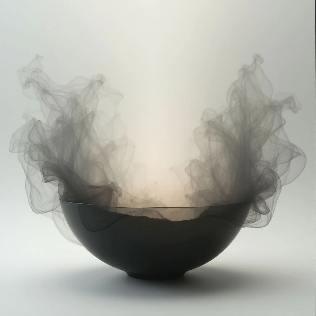A dark, rounded bowl sits centered against a pale background. Wisps of gray smoke rise from within the bowl, swirling and expanding outwards like a ghostly presence. The smoke obscures much of what’s inside, creating an air of mystery around the object.