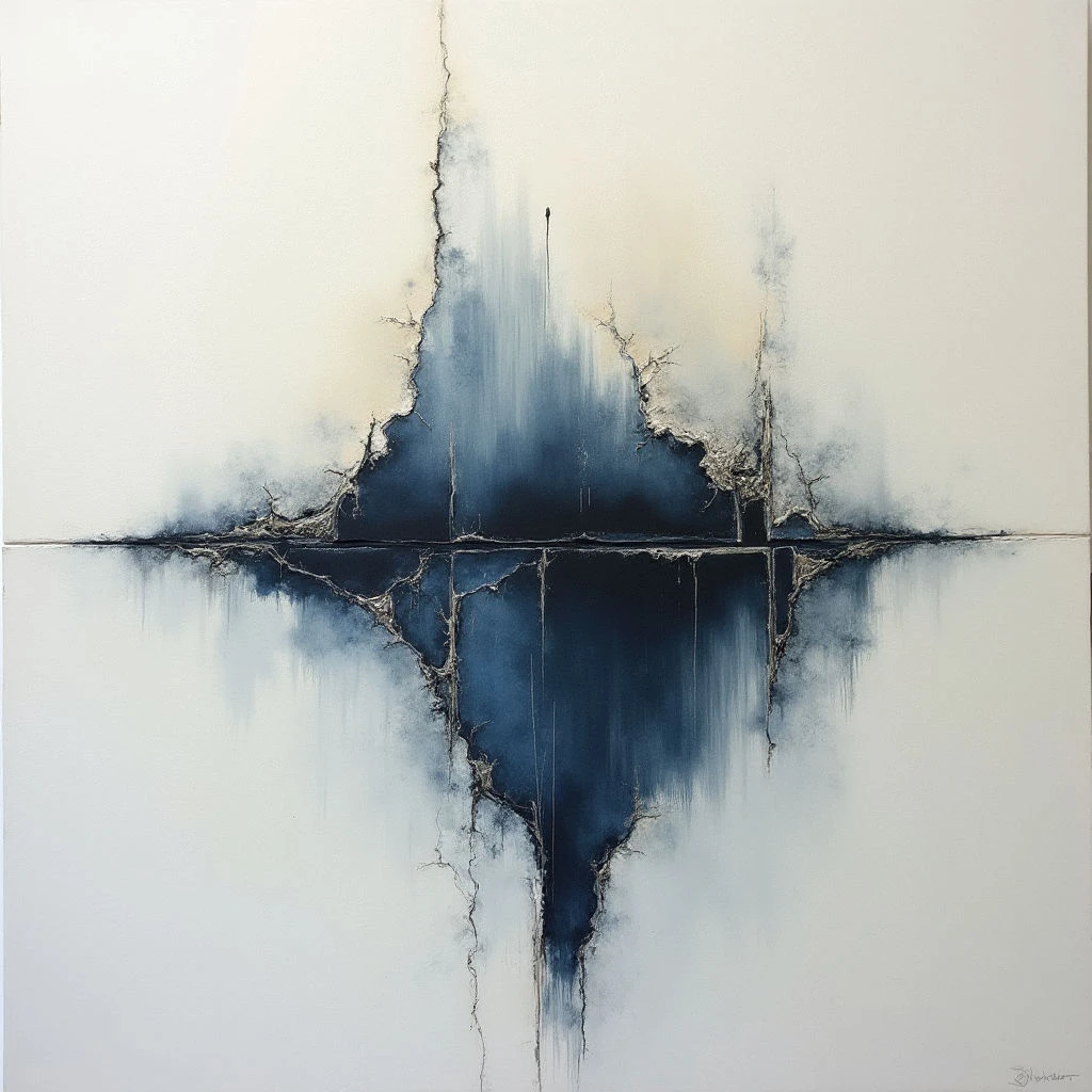 The image features a predominantly white and dark blue color palette, with subtle gradations of gray throughout. Rough, fractured lines bisect the composition vertically and horizontally, creating four quadrants filled with blurred washes of pigment and textured edges. Light appears diffused, highlighting the softness of the paint while emphasizing darker concentrations of color at the central intersections of the linear divisions.