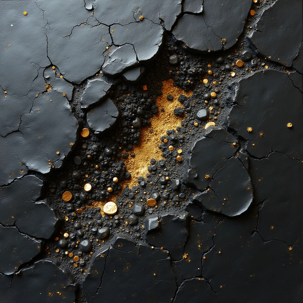 A dark, fractured surface is broken open to reveal a glittering interior. Within the cracks and crevices lie small black stones interspersed with golden pebbles and dust. The contrast between the rough, cracked exterior and the luminous core creates a sense of hidden treasure or unearthed wealth.