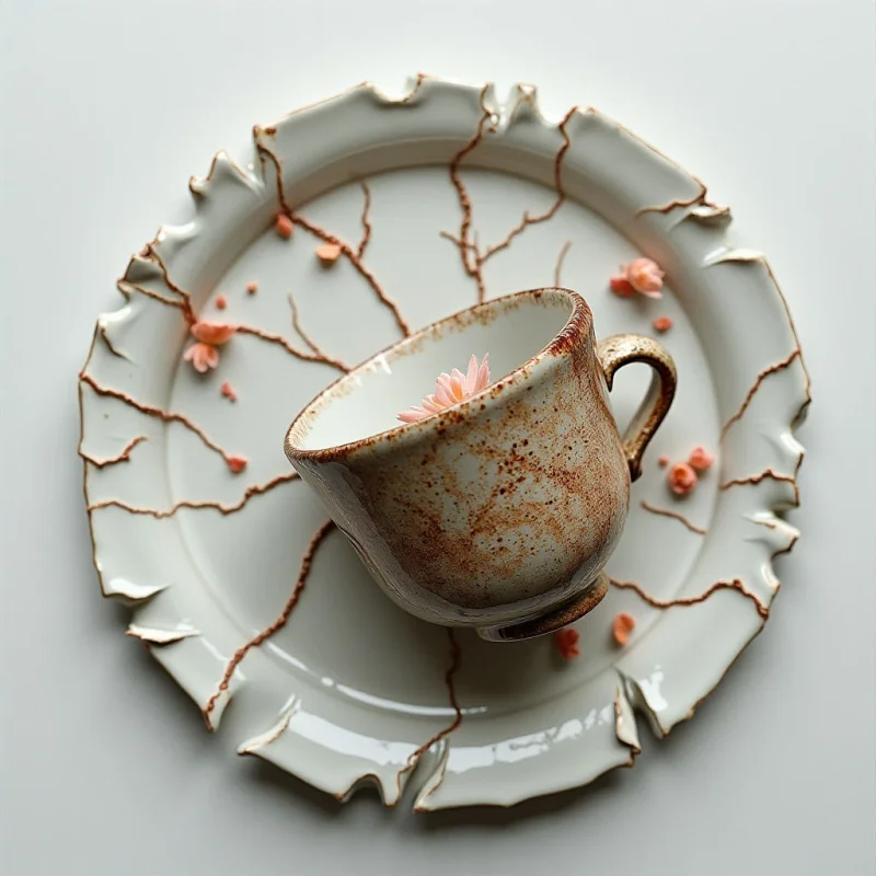 A speckled, cream-colored ceramic cup sits off-center on a matching wide plate featuring jagged, irregular edges and thin brown vein-like patterns. Small, soft pink flower petals are scattered across the smooth surfaces of both the vessel and the dish. Bright, even light illuminates the scene against a neutral white background, emphasizing the contrast between the smooth glaze and the textured brown speckles.