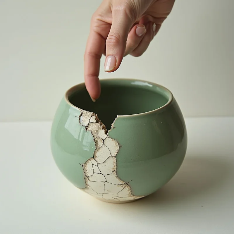 A pale green ceramic bowl with a cracked, cream-colored textured surface sits on a white plane against an off-white background. A hand reaches down from the top of the frame, with a finger positioned near a jagged break in the rim. The composition features soft, diffused lighting that creates gentle shadows and highlights the smooth glaze versus the rough, fractured textures.