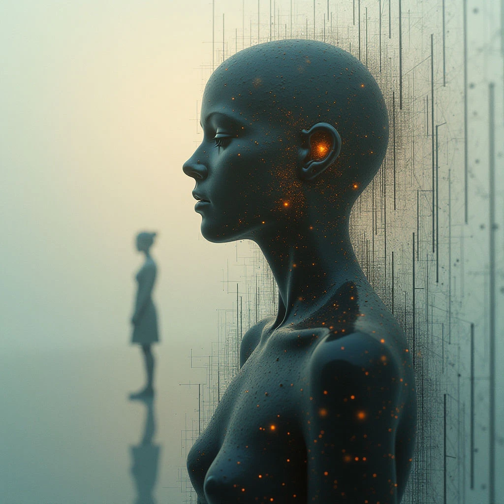 The image features a dark, smooth humanoid form in profile with glowing orange particles across its surface and within an opening at the ear. A blurred silhouette of another figure stands in the distance to the left, set against a gradient background transitioning from teal to pale yellow. Vertical lines of varying lengths create a grid-like pattern behind the primary figure, suggesting depth and a digital or technological context.