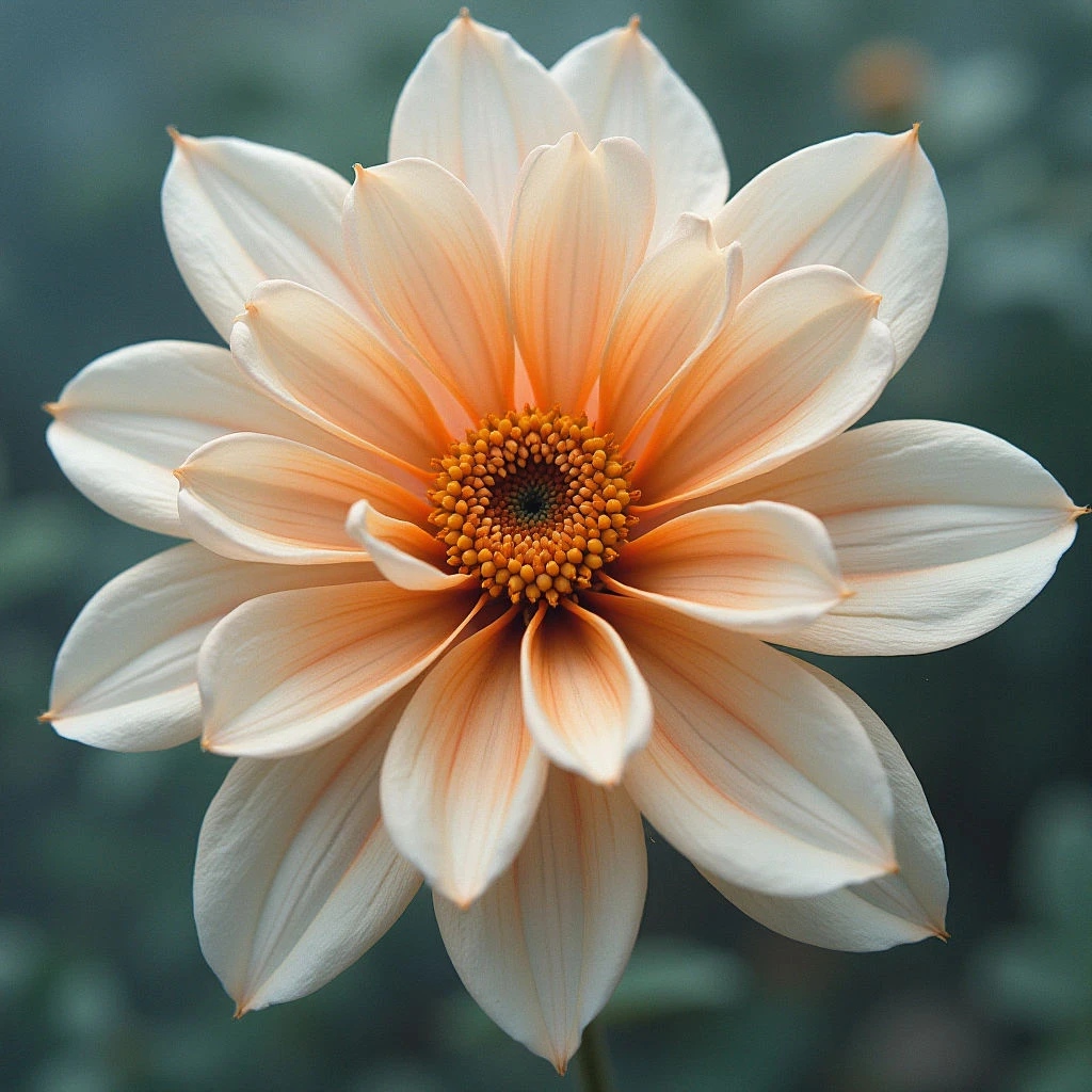 A pale peach dahlia is fully open, its many slender petals radiating outwards from a bright orange center. The flower’s color deepens towards the core, creating a warm gradient effect. It stands against a soft, blurred background of muted greens and browns.