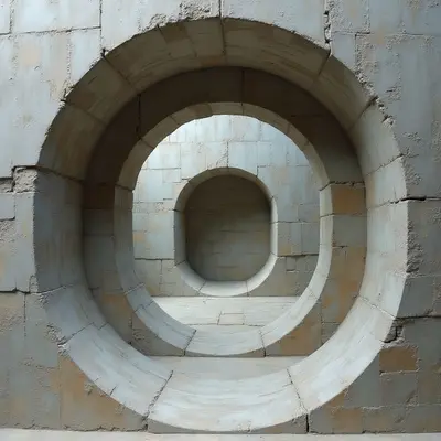 A series of concentric circular openings are carved into a large, textured stone wall. The arches create a tunnel-like effect, drawing the eye inward towards a diminishing point of light at the center. Smooth, pale concrete lines the inner edges of each arch, contrasting with the rougher, gray exterior blocks.
