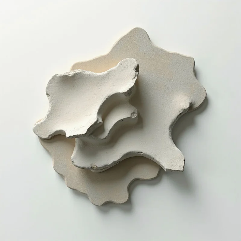 Three irregularly shaped, off-white forms are layered against a stark white background. The shapes resemble rough petals or organic fragments, with uneven edges and hollowed centers. They cast subtle shadows, suggesting they are raised slightly from the surface behind them.