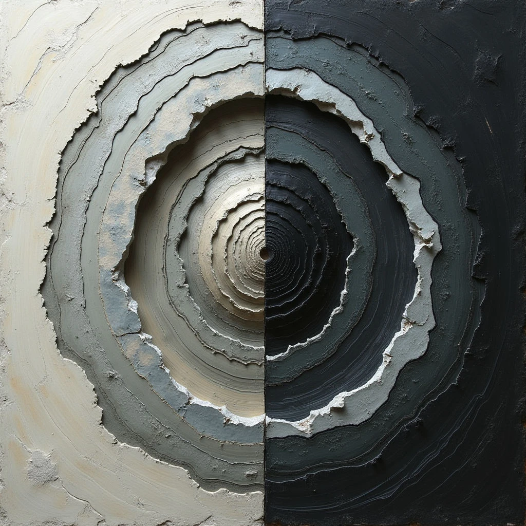 A swirling vortex dominates the image, split precisely down the middle into shades of white and black. Concentric rings of textured paint build inward towards a central void, creating a sense of depth and motion. The contrast between the light and dark halves emphasizes the spiraling form and its implied pull.