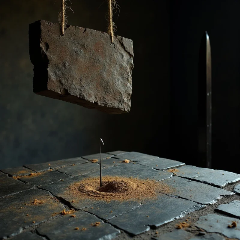 A dark, rectangular slab with a rough, stony texture hangs from thin ropes above a surface of uneven slate tiles. A single thin metal spike rises from the center of the tiled ground, surrounded by a mound of fine, ochre-colored powder. The composition uses deep shadows and muted earth tones, with light focused on the central textures against a dark, indistinct background.