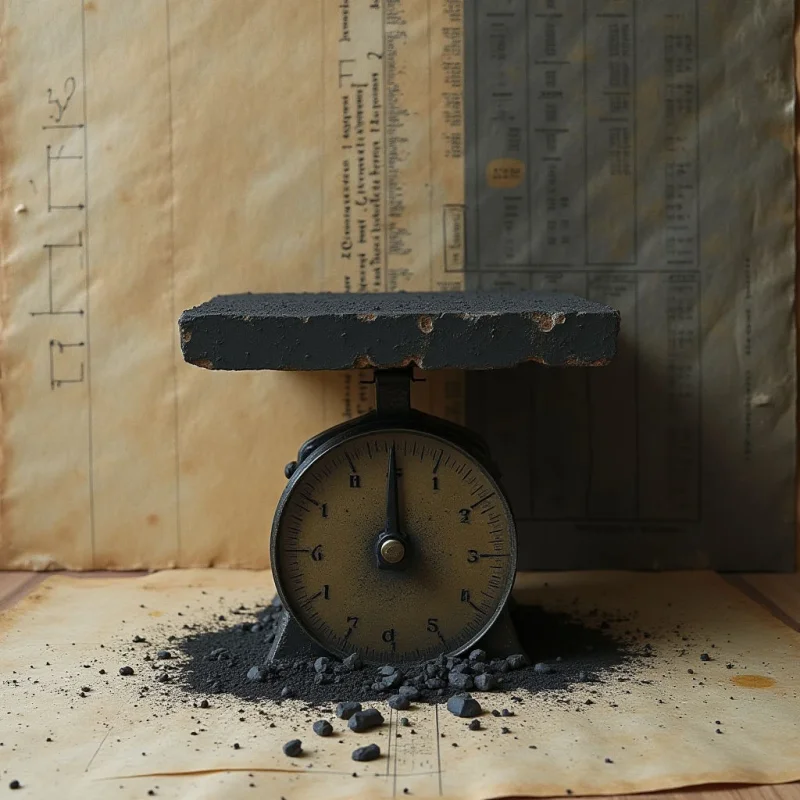 A dark, textured rectangular slab rests atop a circular vintage scale, which sits amidst scattered black granules on aged, cream-colored paper. The composition features muted earth tones and shadows, with light highlighting the metallic surface of the dial and the rough grain of the debris. Vertical lines from handwritten text in the background provide a structured backdrop to the central objects.